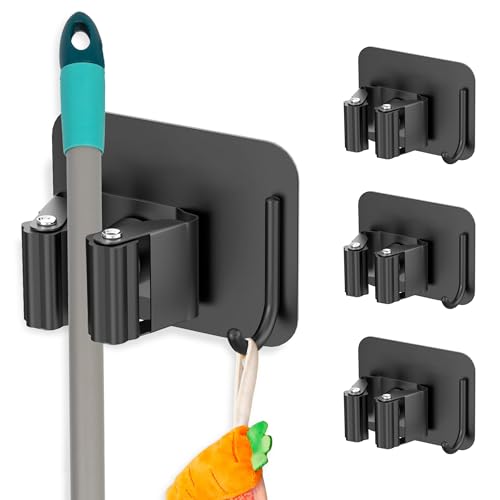 Homesigns Colgador Escobas y Fregonas Incluye 3 Colgador Adhesivo Pared de Acero Inoxidable | Soporte Escobas Pared Sin Perforar para Hogar y Cocina