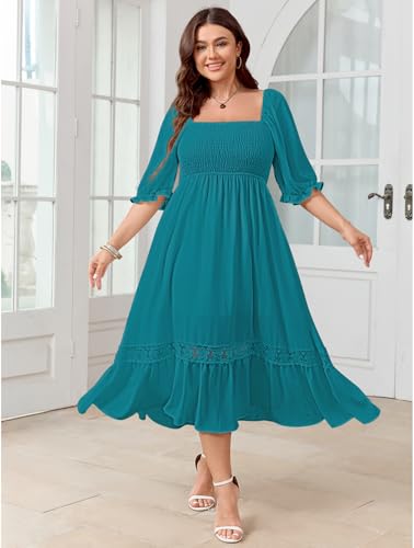 Image of SCOMCHIC Women's Plus Size Boho Maxi Dress Short Sleeve Square Neck Smocked Flowy A-Line Lace Trim Wedding Guest Dresses