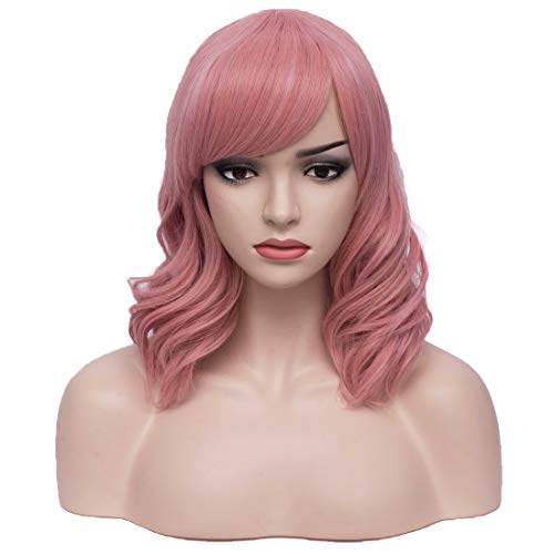 BERON Women's Short Pink Wavy Wig with Bangs Halloween Cosplay Costume Wig Daily Use Party Bob Wig (Lovely Pink)
