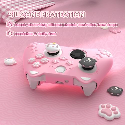 PlayVital Cute Silicone Controller Skin for Xbox Series X/S - Cherry Blossoms Kitten Anti-Slip Grip Protector W/Thumb Grips & Sticker - Soft Rubber Cover for Xbox Core Wireless Controller - Pink — view 6