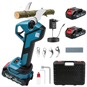 Akku-Baumschere max. Schnittdicke 40 mm, bürstenloser Elektro-Gartenschere, 2x 2000mAh Akkus, LCD-Display mit Schnittzähler, SK5-Stahl Klingen, ideal für Gartenäste & Obstgarten (Blau)