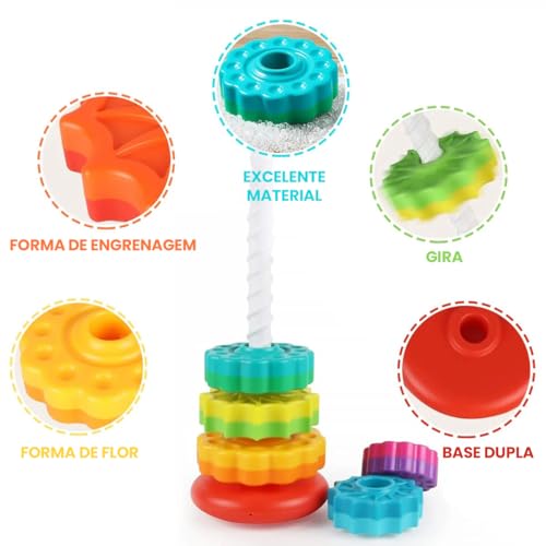 Torre de Empilhar e Girar com Cores do Arco-Íris - Brinquedo Montessori para Desenvolver Habilidades