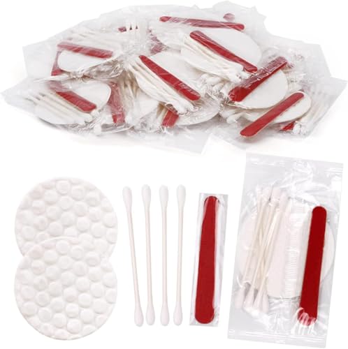 Juego de tocador de hotel de 100 piezas, envuelto individualmente a granel, kit de higiene desechable con almohadillas de algodón, hisopos de algodón, lima de uñas para moteles, artículos de tocador
