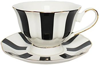 EKUEE Black and White Retro Series European Striped Polka Dot Coffee Cup and Saucer Mug Cake Plate Afternoon Tea Set (A)