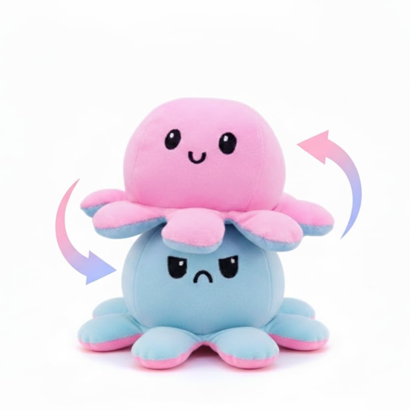Image of Octopus Reversible Plushie Toy, Gift for Birthdays & Special Occasions Girls and Adults, Gift for Girlfriend, Mood Expression Soft Toy(18cm) (Pink-Blue)