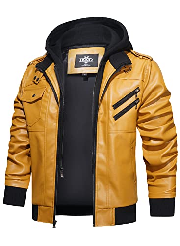Image of HOOD CREW Men's Casual Stand Collar PU Faux Leather Zip-Up Motorcycle Bomber Jacket With a Removable Hood