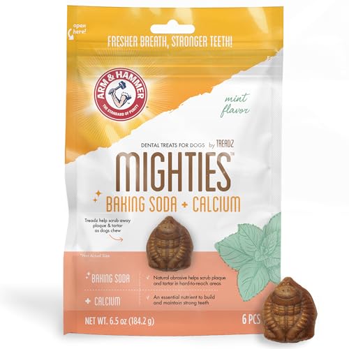 Arm & Hammer for Pets Mighties by TREADZ Dental Treats for Dogs with Baking Soda and Calcium, Help Fight Bad Breath, Plaque & Tartar without Brushing, Mint, Gorilla Shaped, 6 Pcs (Packaging may vary)