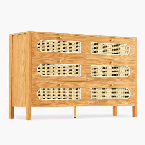 DWVO Buffet Cabinet Rattan - with 6 Wood Storage Drawer TV Stand Coffee Bar with Golden Handles for Living Room/Dining Room/Entryway-Natural