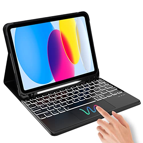 AVNICUD Teclado Funda para i iPad 10.ª Generación 2022 de 10,9 Pulgadas, Estuche Portátil Delgado con Portalápices, Español Teclado Trackpad Desmontable Inalámbrico, Negro Cover