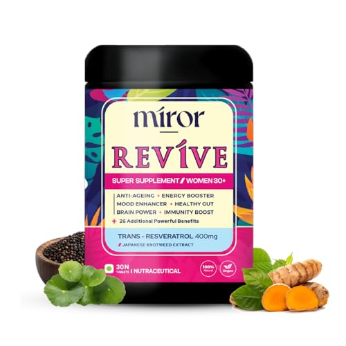 Miror Revive Trans-Resveratrol 400mg Supplement for Women | Anti-Aging, Skin Glow, Heart Health & Energy Support | With Omega 3 & Glutathione | Antioxidant Longevity (30 Tablets)