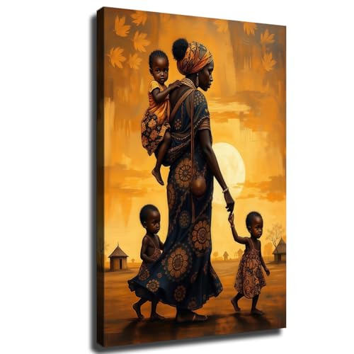 African Mother and Children Canvas, Family Heritage Wall Art, Sunset Landscape Painting, Tribal Culture Framed Poster, Home Decor Artwork (Framed,Wrapped Canvas,28 * 40inch)