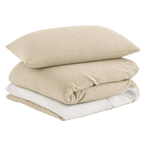 Image of EMME Cotton Muslin Duvet Cover Set King Size Linen Like Soft Breathable Lightweight Summer Comforter Cover Set with Zipper Closure (Light Tan&White, King, 104 inchx90 inch)