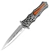 AuRiver Folding knife, Crusader pocket knife with wood and metal handle. The double-sided hand guard is decorated with crosses, creative gift for friends, husband, Father’s Day