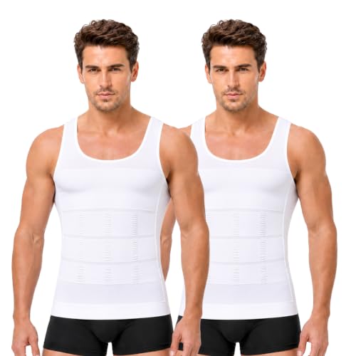 Image of Wearslim Men Compression Shirt For Workout Vest Abs Abdomen Slim Body Shaper Undershirt Slimming Shirt to Hide Gynecomastia Stretchable Tummy Tucker Vest - Pack of 2 - (Black & White)