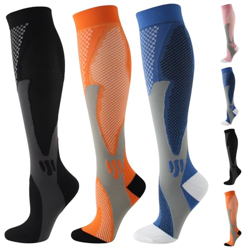 Nemokamai Compression Socks for Women Men Circulation Knee High 3 Pairs for Nurses, Running, Travel, Athletic, Dark Blue Orange Black