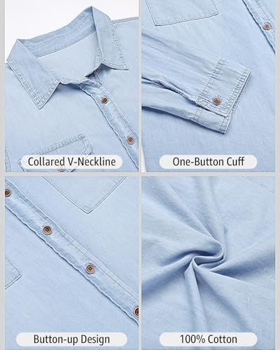 Vetinee Women's Light Blue Button Down Denim Shirt Collared Classical Casual Vintage Retro Long Sleeve Pockets Tunic Fall Tops Blouse Size Large - image 7