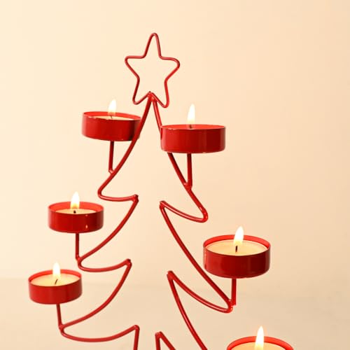 Image of MARKET 99 X-Mas T-Lite Holder with 6 Wax T-Lites Included Red Metal Xmas & Christmas Tree Design Glossy Candle Holder for Home, Living Room, Bedroom, Tabletop & Festival Decor