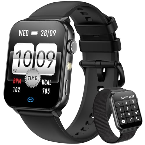 Blackview Smartwatch Herren Damen, Bluetooth-Anrufe/LED-Leuchten/2 Armbänder (Silikon/Nylon), Sportuhr mit Puls-Schlaf-Schritte-Kalorien-Kilometer-Monitor, 350mAh (6+ Tage), Fitnessuhr für Android iOS