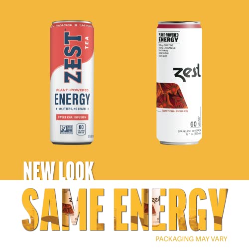 Zest Plant Powered Natural Energy Sparkling Drink - Sweet Chai Infusion - 150Mg Caffeine + 100 Mg L-Theanine - 12Oz Can 12 Pack - Low Sugar, 60 Cals, Healthy Coffee Substitute, Non Gmo High Caff Blend #TOP1