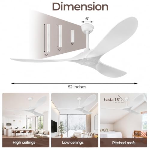 Image of 52 In White Ceiling Fan No Light, Outdoor Ceiling Fan Without Light with Smart App & Remote Control, 3-Blade ABS Plastic, Quiet DC Motor, for Modern Indoor Patios Porch Exterior Bedroom Living room