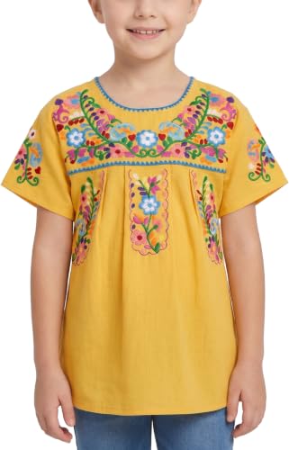 Image of YZXDORWJ Mexican Blouse for Girls Traditional Embroidered Summer Short Sleeve Peasant Blouse for Kids