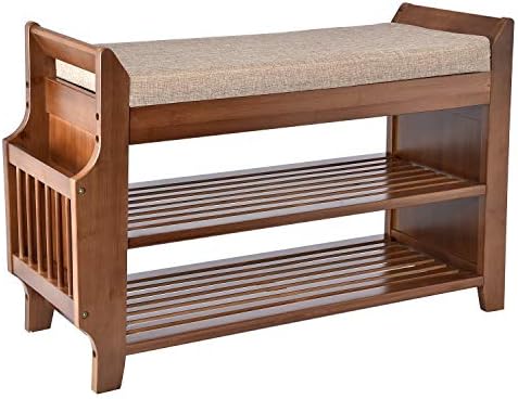 YUSING Bamboo Shoe Rack Bench with Removable Cushion, 2 Tier Entryway Shoe Storage Organizer Shelf with Hidden Drawer and Umbrella Stand for Bedroom, Living Room and Bathroom (Medium)