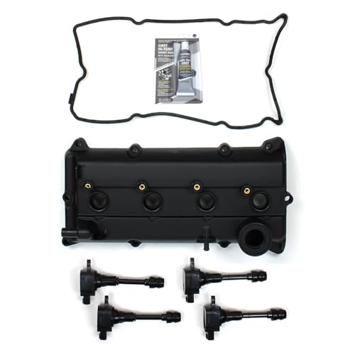 CNS Valve Cover w/Gasket, Spark Plug Seals & Ignition Coil Compatible with 02-06 NISSAN 2.5L (2500cc) DOHC L4 16V, 