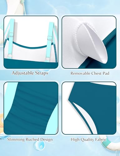 Image of Girls Tankini Swimsuit Solid Color Blocking Two Piece Bathing Suit Ruched Slimming Teen Girls' Swimwear for 9-18Years