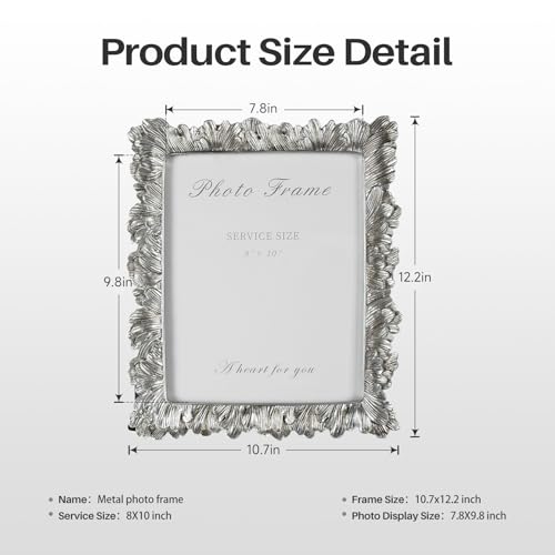 8x10 Picture Frame Silver, Vintage Silver Palm Leaves Textured Hand-Crafted Resin with Glass Front, Elegant Retro Design Photo Frame for Wall and Tabletop Display Home Decor