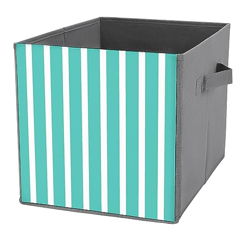Foldable Storage Cubes with Handle, Mint Green Stripe Storage Boxes, 27 X 27 X 27cm
