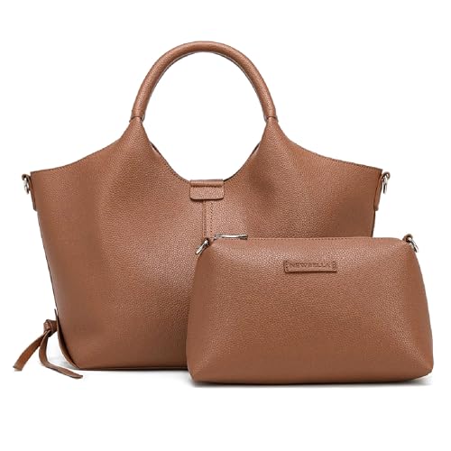 NEWBELLA Women's Vegan Leather Tote Bag 2-Piece Set, Fashion Top Handle Purse with Buckle Design, Solid Color Shoulder Bag for Work, Travel & Daily Use(Brown)