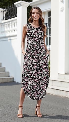 Image of Zeagoo Women Floral Summer Casual Beach Printed Tank Dress with Pockets Pleated Front Long Dress