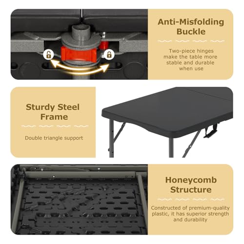 Image of FDW 4FT Folding Table Half Portable Foldable Table Picnic Table for Office Home Camping Party (Black, 4 FT)