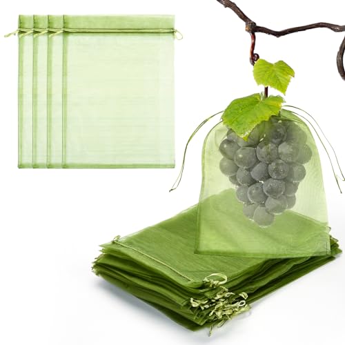 50 PCS 8X12 inches Fruit Protection Bags, Fruit Bags for Fruit Trees, Green Netting Fruit Cover Bags Drawstring Mesh Fruit Protectors Pest Barrier for Fruit Trees Veggies Garden