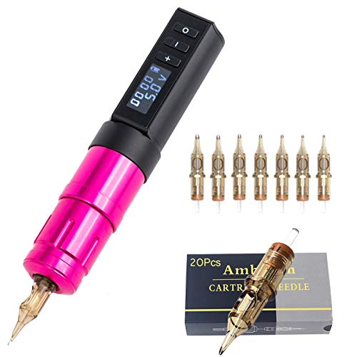 Complete Rotary Tattoo Pen Kit Tattoo Gun Cartridge Machine Quiet Motor 12000Rpm, 1950mAh Lithium Battery and 1205RL Tattoo Needles 20 Pcs for Tattoo Liner and ShaderPink