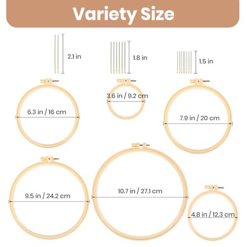 Image of PATPAT 6Pcs 3-10 Inch Embroidery Hoop Ring with 16 Pieces Needles