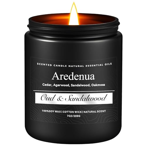 Oud & Sandalwood Candle, Manly Scented Candles for Men, Masculine Candle, Aromatherapy Gifts for Men - 7oz Soy Candles for Home Scented, 50 Hours Burn