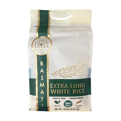 Pride Of India - Extra Long Indian Premium White Basmati Rice, 10 Pound (4.54 Kilo) Reclosable Bag - Naturally Aromatic, Aged, Flavorful, Slender, Non Sticky Grains - Great Value for Money Cover
