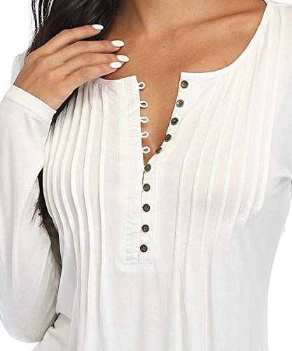 Dilgul Women Peasant Tops Henley Shirt Long Sleeve Casual Pleated Front Tops Button Down Tunic Flowy Blouses Beige #TOP2