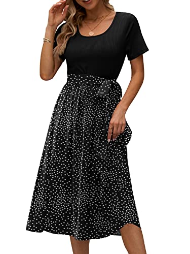 Db Moon 2023 Womens Summer Casual Short Sleeve Midi Dress Tie Waist Work Business Modest Dresses L, Black Polka Dots #TOP26