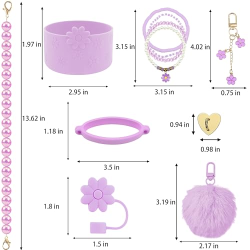 Hpebl 11pcs Cup Accessories for Stanley Cups 40/30oz,Including Straw Topper Cover 10mm(0.4in),Silicone Cup Boot,Handle Strap, Handle Charms for Stanley Cups Tumbler Accessories with Handle (Purple) — view 3