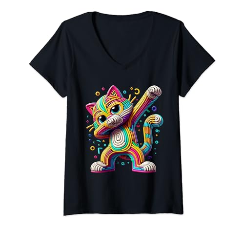 Mujer Gato Vintage Retro Dabbing Dance Lindo Dabbing Kitty Amantes Camiseta Cuello V
