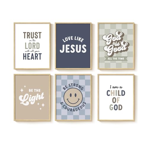Framed Christian Wall Art Set of 6, Modern Bible Verse Prints with Quotes Love Like Jesus Trust in the Lord God Is Good Be the Light, Religious Decor for Kids Room Nursery Bedroom, 11x14 Inch