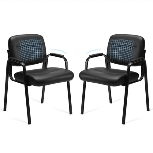 Sweetcrispy Office Reception Guest Waiting Room Chairs Set of 2, Leather Stationary Chair No Wheels with Padded Arms for Elderly Desk Conference Room Lobby, Inky