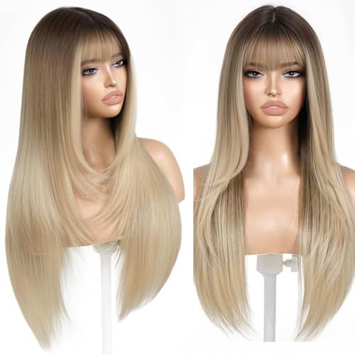 Blonde Wig with Bangs Long Ombre Blonde Wig for Women Synthetic H...
