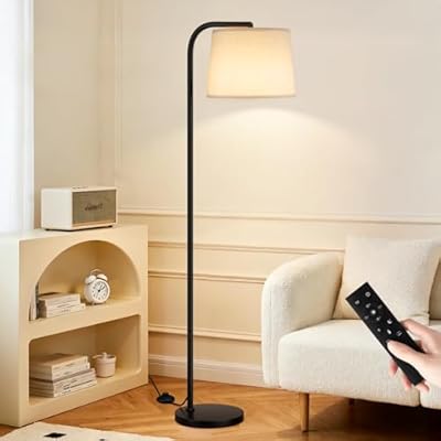 Ambimall Remote-Controlled Floor Lamp - Color Temperature Adjustable and Fully Dimmable, Standing Lamp for Living Room with Rotating Head, Tall Lamp for Bedroom, 9W Bulb Included (Black and Beige)