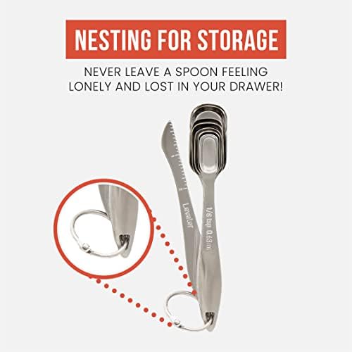 Chef Pomodoro Measuring Spoons 7-Piece Set, Stainless Steel Metal Measuring Spoons, Metric and US Laser Markings, Cooking Baking, Dry or Liquid, Fits in Spice Jars