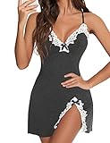 Aranmei Frauen Sexy Nachthemd Chemise Plus Größe Spitze Dessous Nachtwäsche V-Ausschnitt Full Slip Babydoll Nachthemd, grau, 38