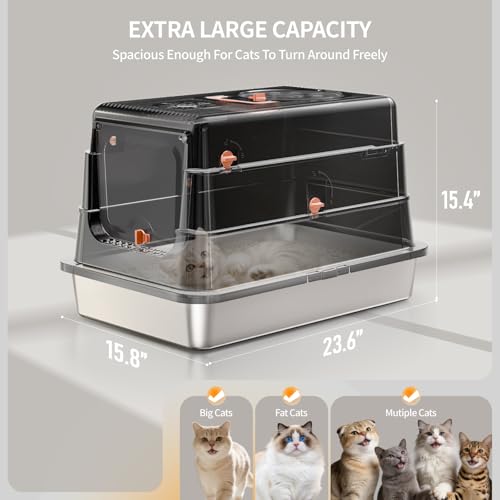 Image of Stainless Steel Cat Litter Box with Lid, Enclosed Extra Large Metal Litter Pan for Big Cats, Full Flip Cover High Sided LitterBox Include Scoop, Easy Cleaning, Non-Stick, Black