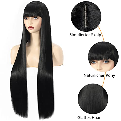 Sangrui Black Long Straight Wig for Women Synthetic Fibre Smooth Wig with Fringe - Image 2